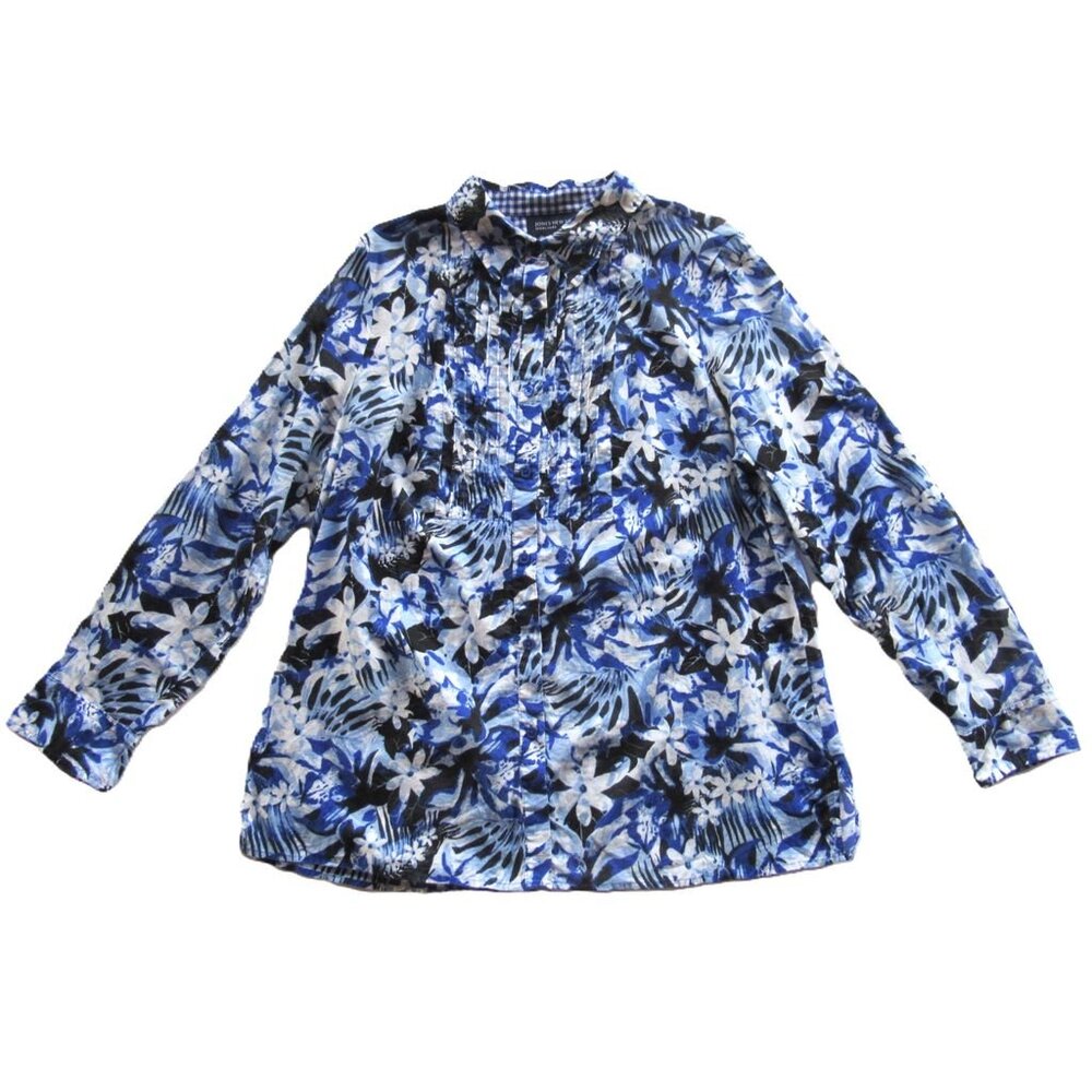 Jones NY Women Shirt/Blouse Floral Blue/White Roll-up Sleeve Pintucks Cotton XL
